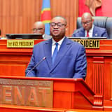 Le ministre congolais des Finances Doudou Fwamba, en costume bleu, s'exprime debout au pupitre marqué « République démocratique du Congo , Sénat », devant les membres du bureau assis à la tribune.