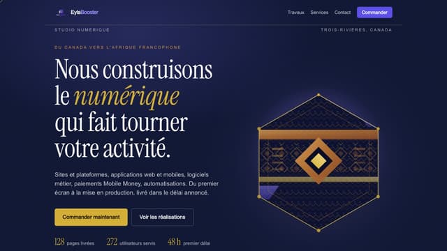 Page d'accueil du studio Eyla Booster : titre en serif sur fond bleu nuit, composition géométrique aux motifs kuba, et logos des moyens de paiement Mobile Money et carte.
