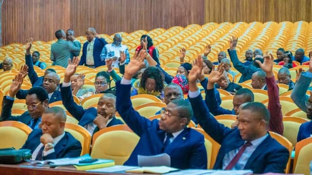 Des députés nationaux, assis dans l'hémicycle du Palais du Peuple à Kinshasa, lèvent la main pour voter lors d'une plénière de l'Assemblée nationale.