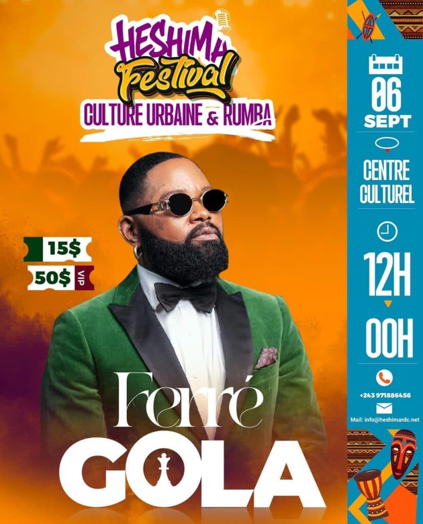 Affiche officielle du Heshima Festival montrant Ferré Gola en tête d'affiche, sous le slogan « Culture urbaine et Rumba », avec la date du 6 septembre au Centre culturel de Kinshasa.